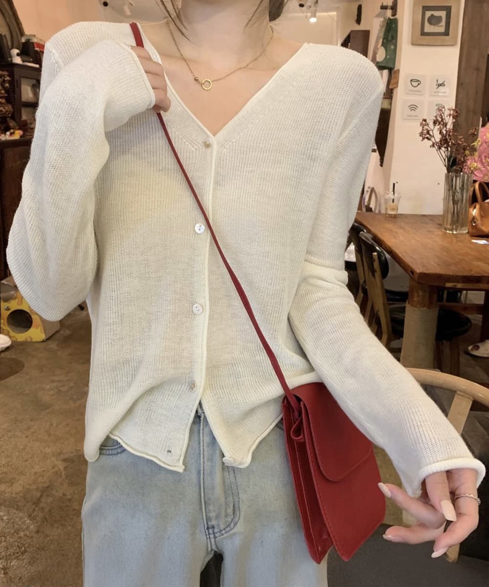 レディースカーディガン ショート丈リブニットカーディガンVネック