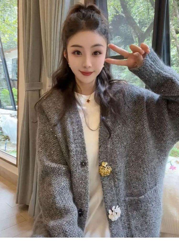 レディースカーディガン ラメ入りモヘアカーディガン ゆったりシルエット
