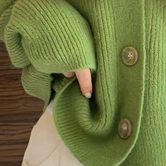 レディースカーディガン ふんわり袖のリブ編みカーディガン　ショート丈