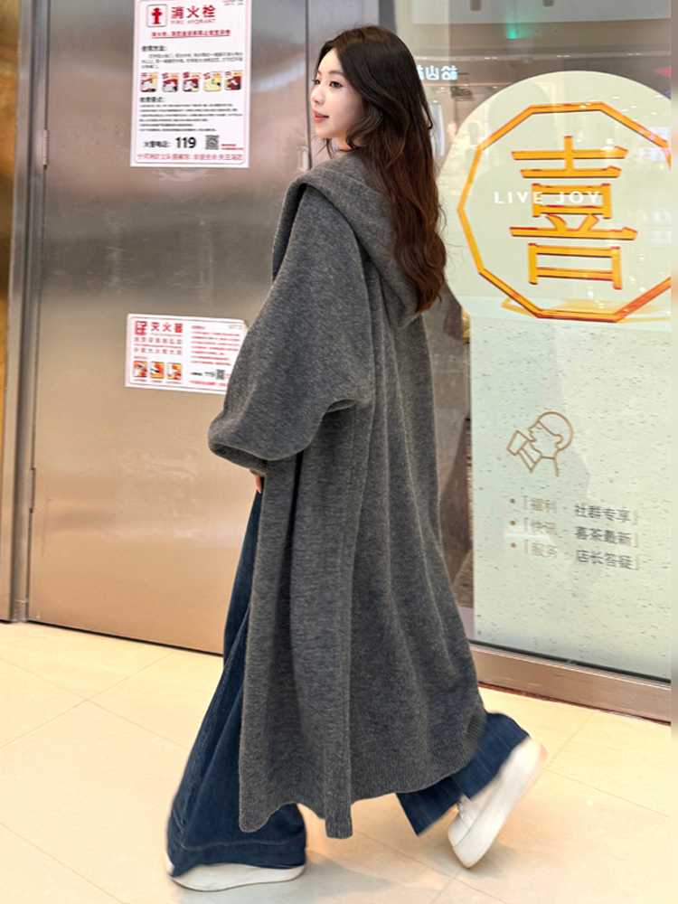 レディースカーディガン ゆったりシルエット フード付きカーディガン　ロング丈カーディガン