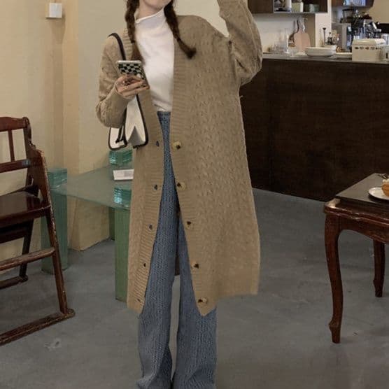 レディースカーディガン 上品な編み模様 ロング丈 ニット カーディガン 長袖
