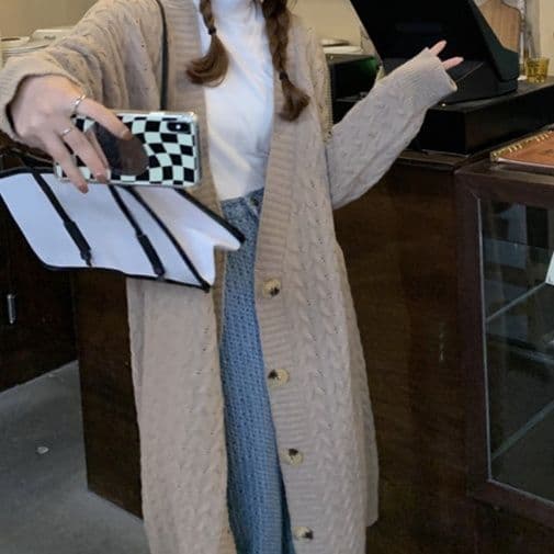 レディースカーディガン 上品な編み模様 ロング丈 ニット カーディガン 長袖