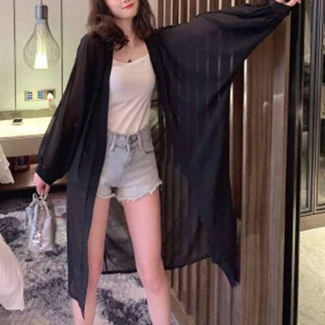 レディースカーディガン シアー素材 ゆるふわカーディガン　ロング丈