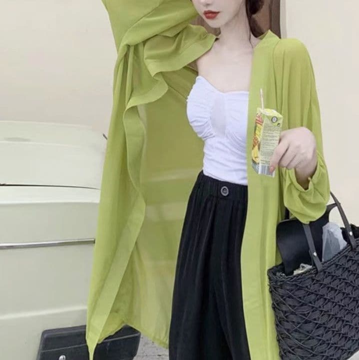 レディースカーディガン シアー素材 ゆるふわカーディガン　ロング丈