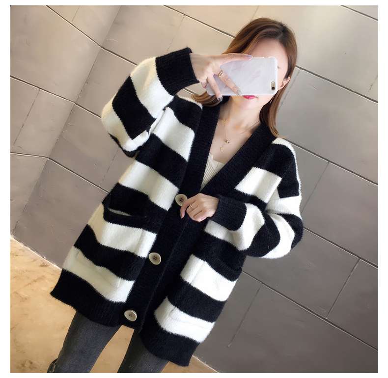 レディースカーディガン ふわもこボーダーニットカーディガン　ミドル丈カーディガン