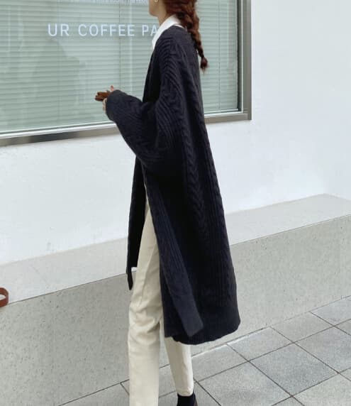レディースカーディガン 女性らしいケーブル編みロング丈カーディガン暖かニット