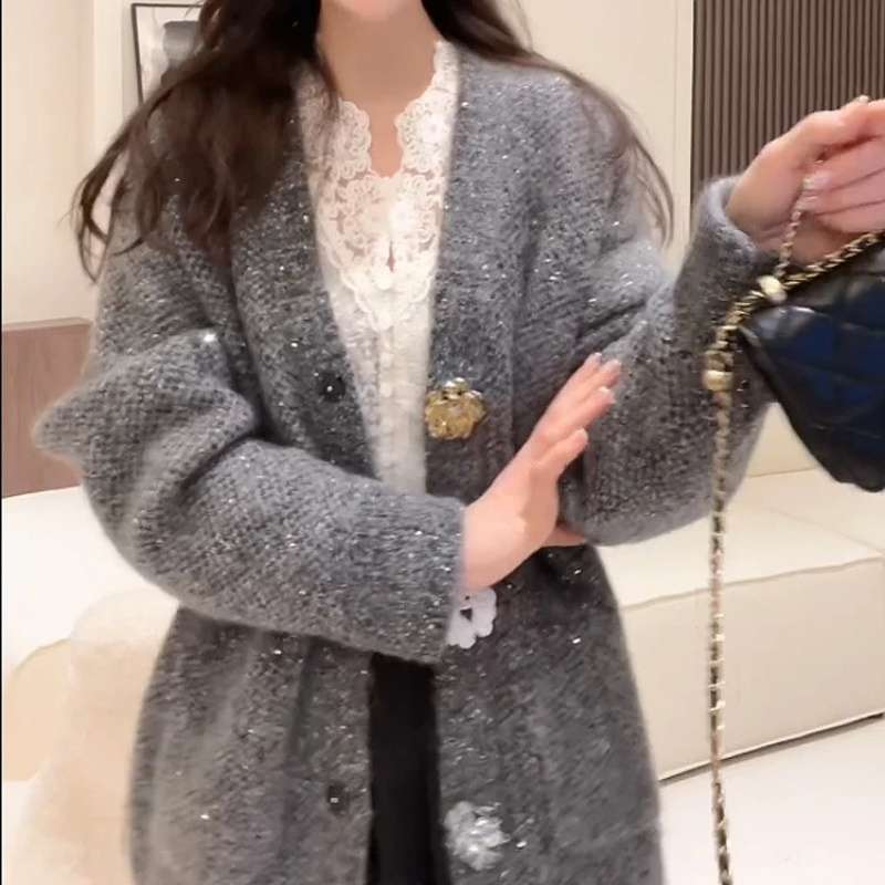 レディースカーディガン ラメ入りモヘアカーディガン ゆったりシルエット