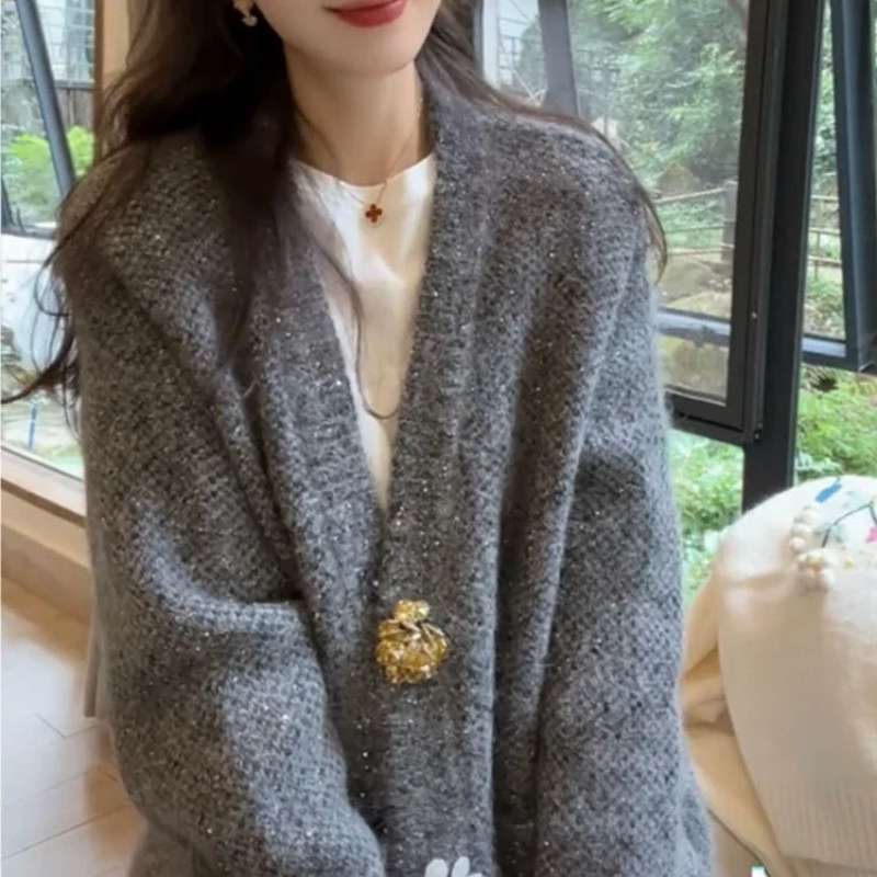 レディースカーディガン ラメ入りモヘアカーディガン ゆったりシルエット