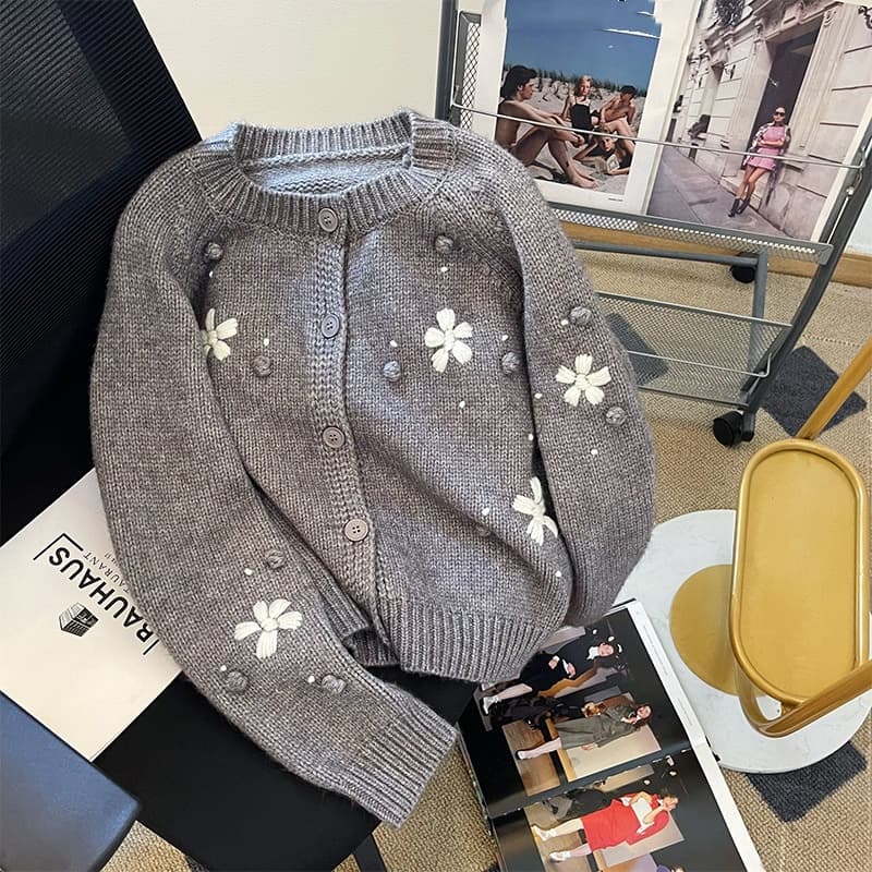 レディースカーディガン ショート丈 花柄刺繍長袖カーディガン