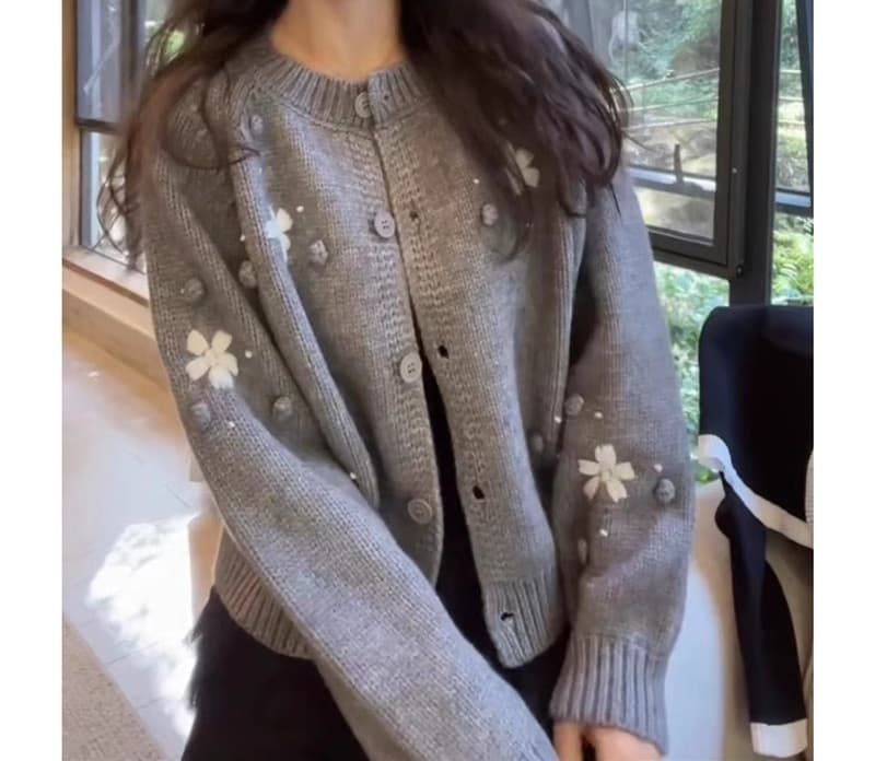 レディースカーディガン ショート丈 花柄刺繍長袖カーディガン