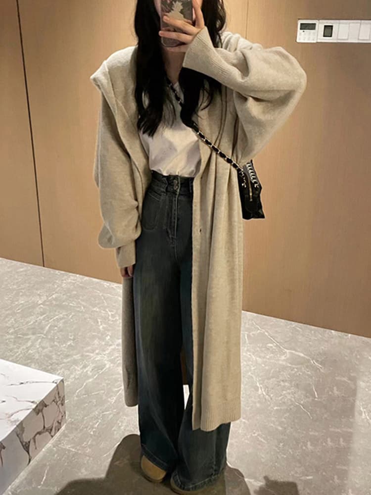 レディースカーディガン ゆったりシルエット フード付きカーディガン　ロング丈カーディガン
