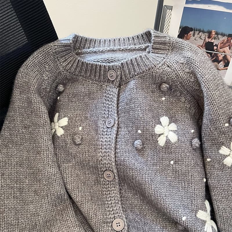 レディースカーディガン ショート丈 花柄刺繍長袖カーディガン