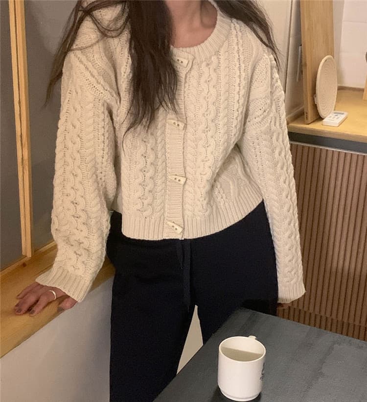 レディースカーディガン 麻の花模様 ショート丈 ケーブル編みカーディガン