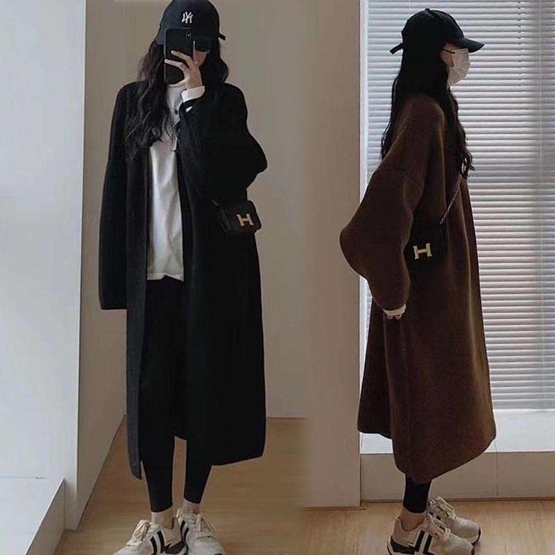 レディースカーディガン シンプルロング丈ニットカーディガンコート