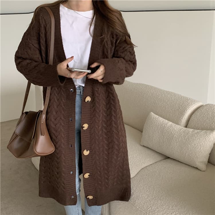 レディースカーディガン 上品な編み模様 ロング丈 ニット カーディガン 長袖