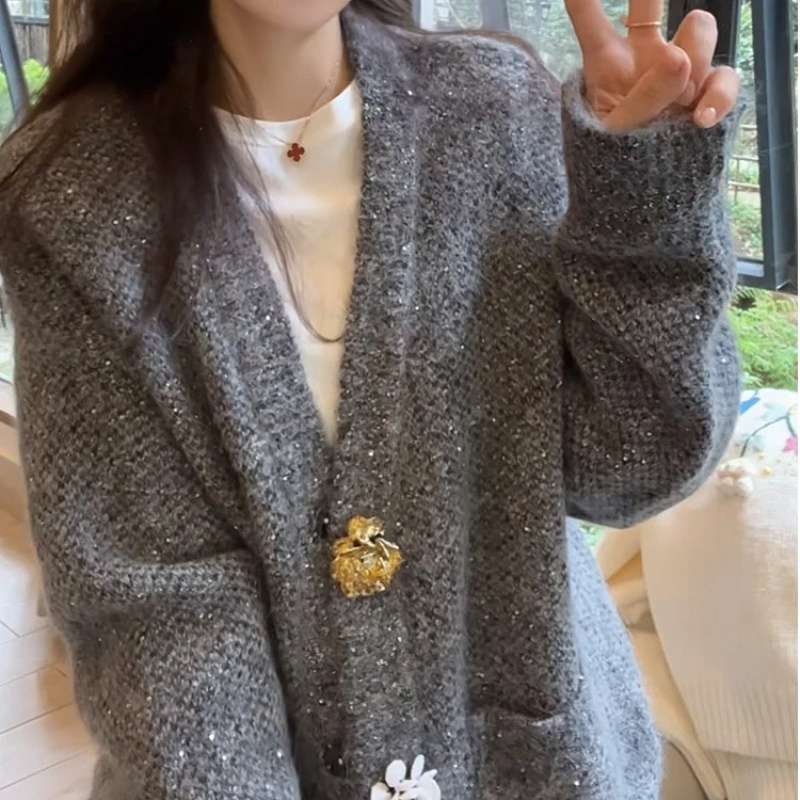 レディースカーディガン ラメ入りモヘアカーディガン ゆったりシルエット